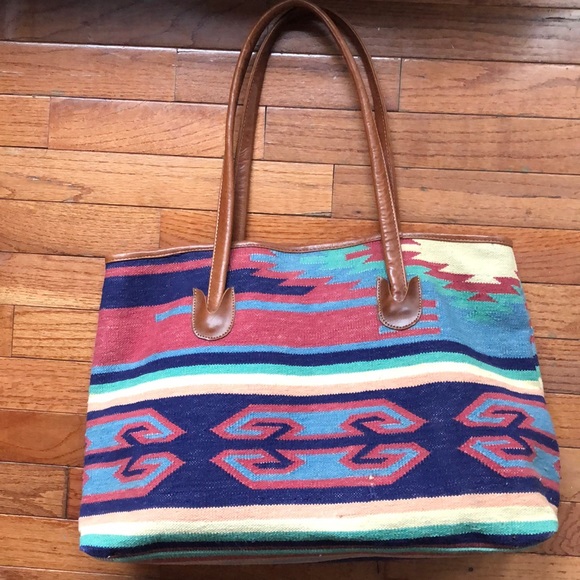 Saddle blanket Navajo Aztec textile bag leather tote weekender - Picture 2 of 8